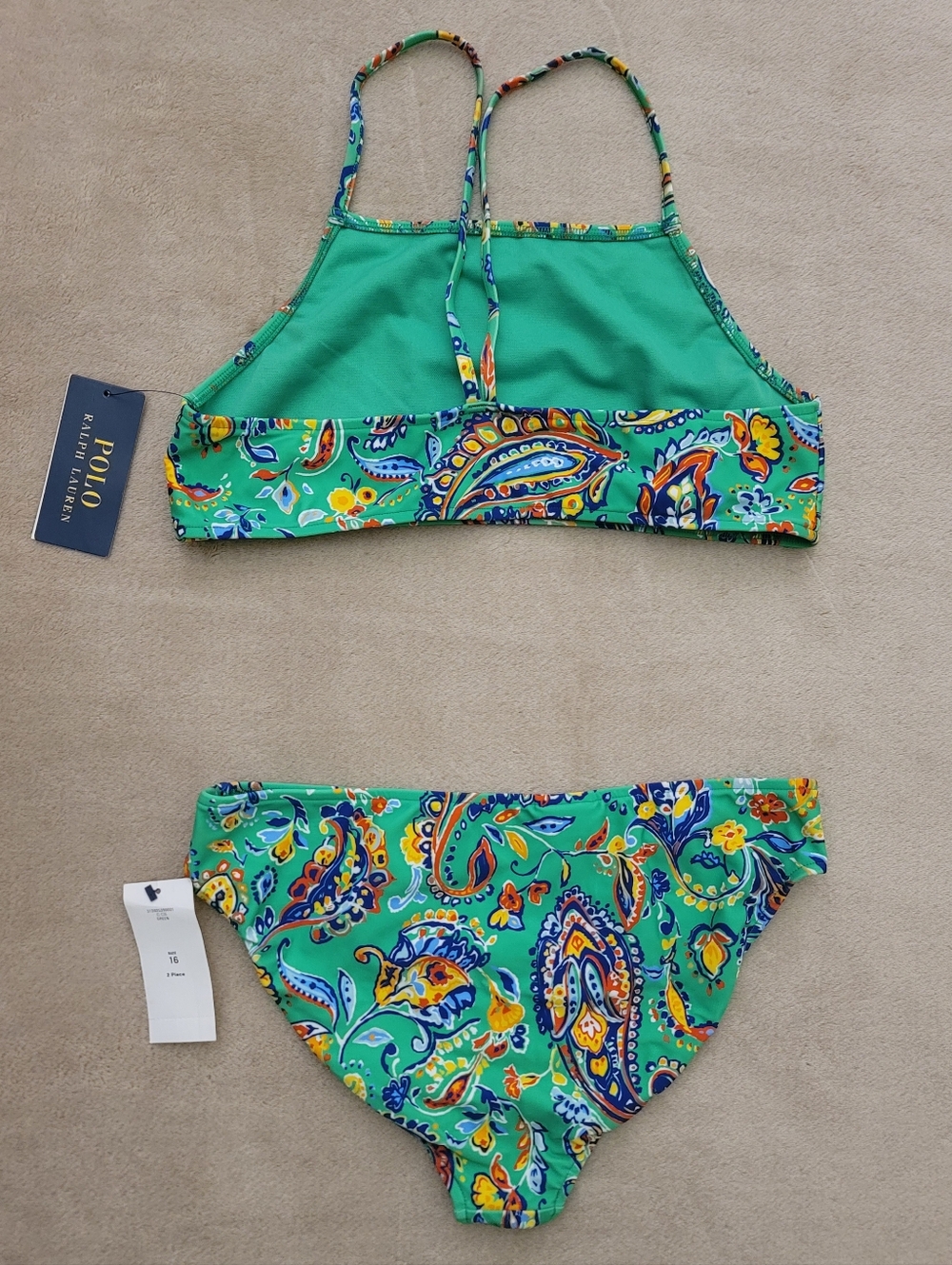 Polo Ralph Lauren Green/Blue/Yellow/Orange/White Paisley 2 Pcs Swim Suit Size 16 - Picture 5 of 5
